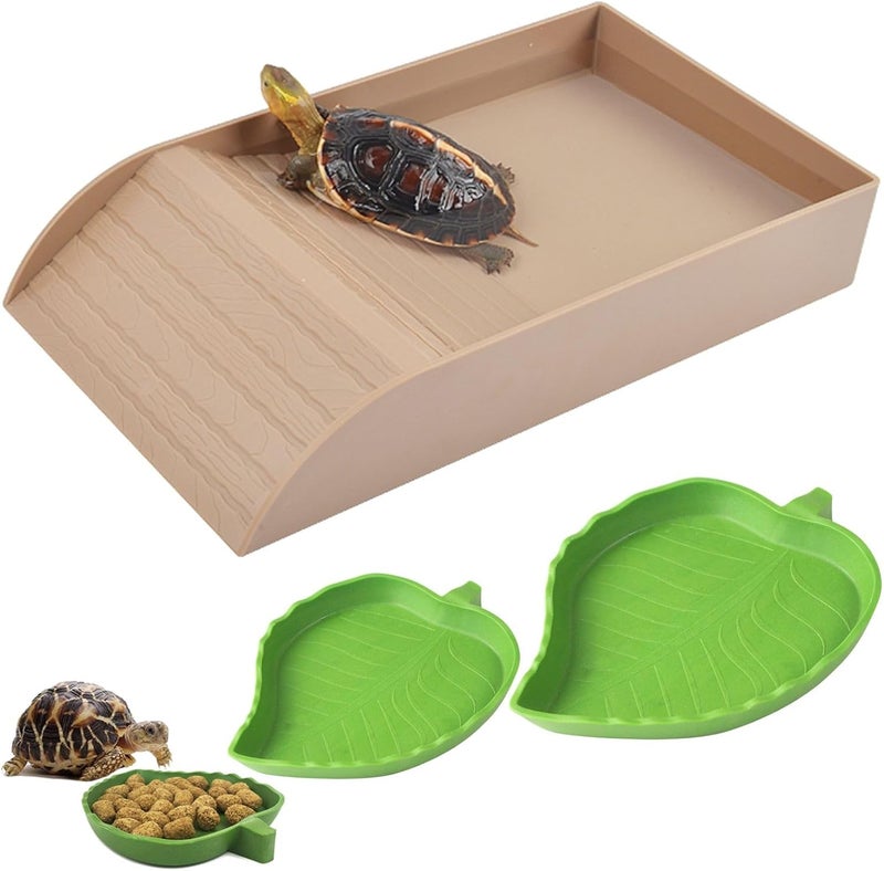 XDONEF 3pcs Tortoise Food Dish with Ramp and Basking Platform Leaf Tortoise Water Food Bowls Reptile Water Dish Turtle Reptile Pool for Amphibians Brown - Image 1